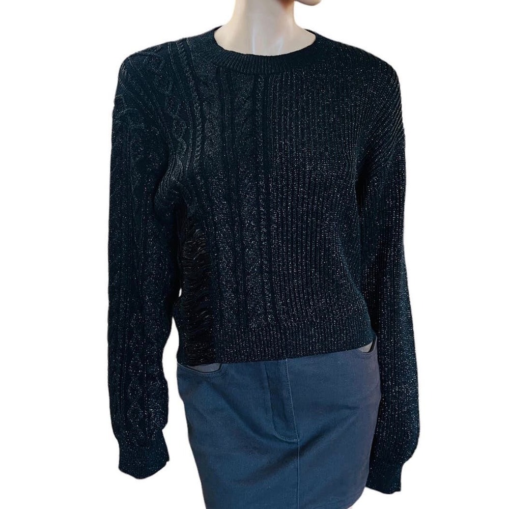 Rta Mia Distressed Knit Cable Sweater in Black Sz M Long Sleeves Silver Threads